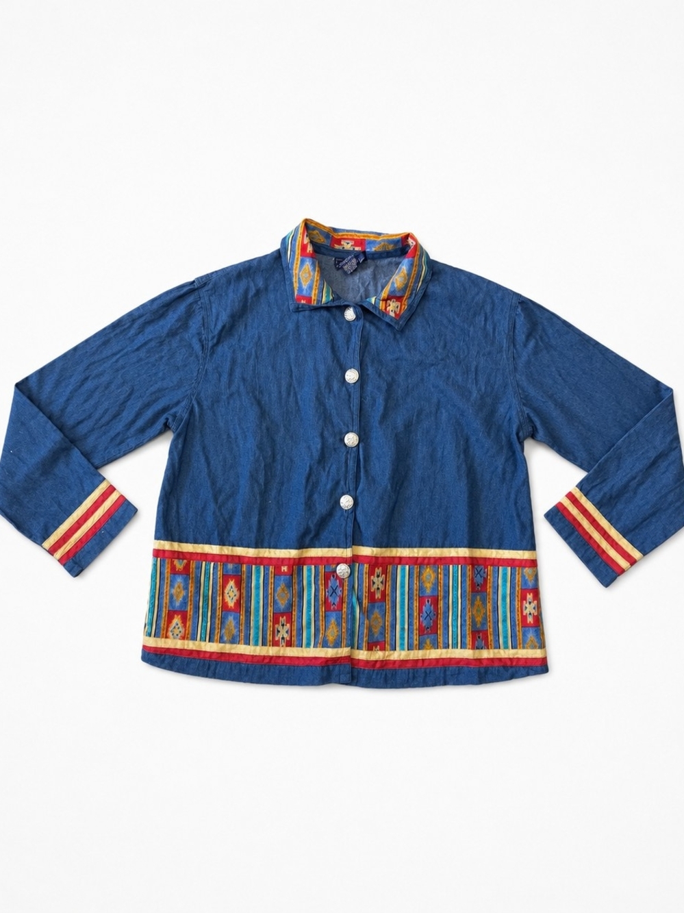 Vintage Willow Ridge Blue Button-Down Denim Shirt with Multicolor Southwest Trim